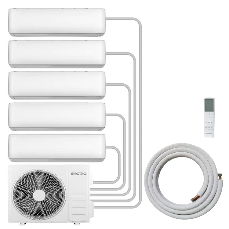 Five wall-mounted indoor units shown with the single outdoor unit they share