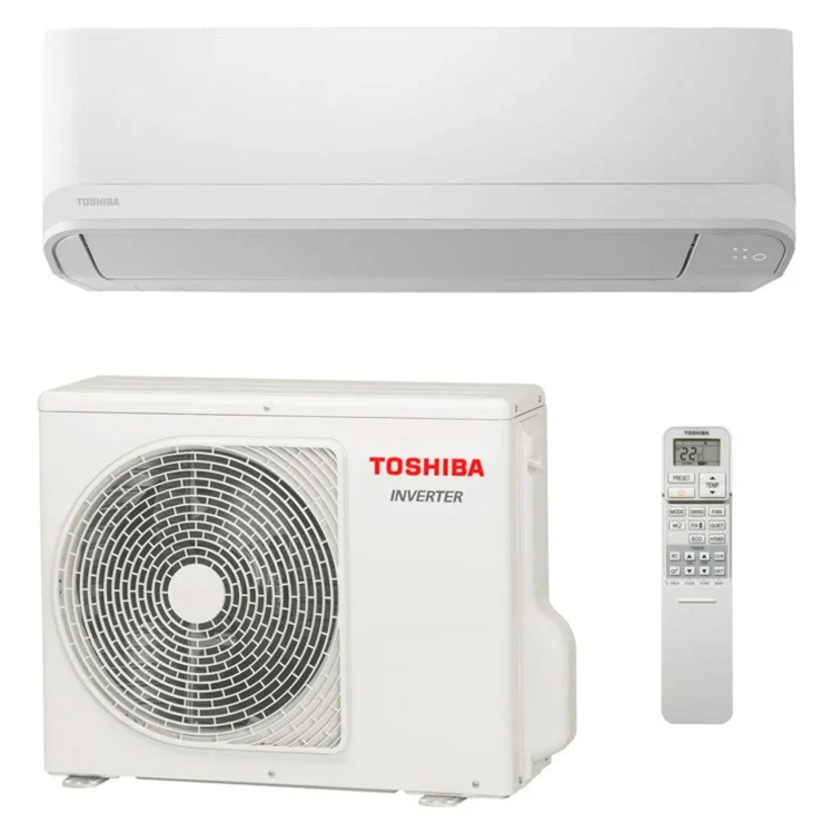A wall-mounted indoor unit shown with its outdoor unit and remote