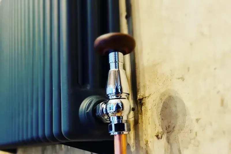 A column radiator and its chrome valve against a bare wall
